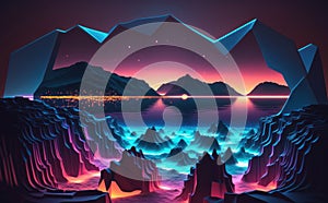 abstract neon background with glowing geometric shapes and seascape, terrain panoramic view, fantastic virtual reality wallpaper