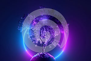 Abstract neon background, mystical cosmic tree sprouting through a round planet in the light of a neon glowing round frame, pink photo