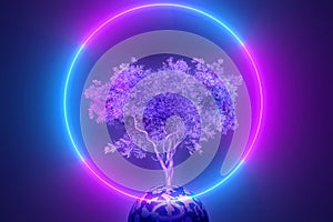 Abstract neon background, mystical cosmic tree sprouting through a round planet in the light of a neon glowing round frame, pink