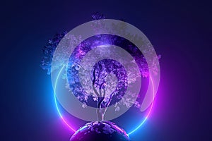 Abstract neon background, mystical cosmic tree sprouting through a round planet in the light of a neon glowing round frame, pink