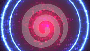 Abstract Neon Background. Pink Backdrop with Blue Circles. Square Pixel Pattern. Vector illustration