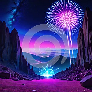 Abstract neon background with pink and blue fireworks over a cosmic landscape framed in UV light within a virtual reality