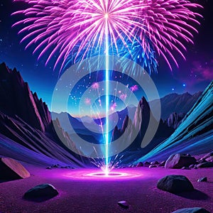 Abstract neon background with pink and blue fireworks over a cosmic landscape framed in UV light within a virtual reality