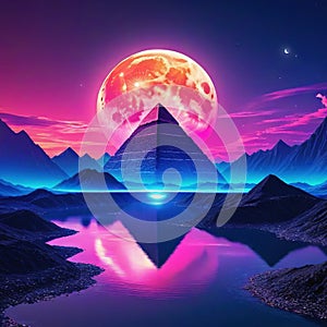 Abstract neon background with super moon and circle Beautiful frame and extraterrestrial landscape under the night sky