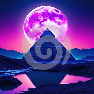 Abstract neon background with super moon and circle Beautiful frame and extraterrestrial landscape under the night sky