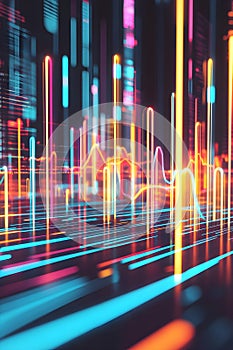 Abstract neon cityscape data flow visualization