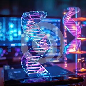 Abstract neon colors DNA structure in laboratory. Blue, purple RNA model, medical science or technology background