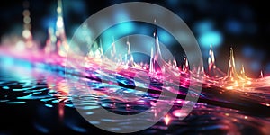 Abstract neon crystal background. Speed and technology concept. Glowing pink-blue and pink lines and bokeh lights