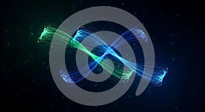 Abstract neon data streams crossing dark space