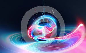 Abstract neon field, fractal elements of digital data and binary code