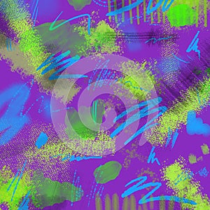 Abstract Neon geometrical 80s and 90s hand draw glamour pattern with neons colors. Neon Watercolor brush paint glam