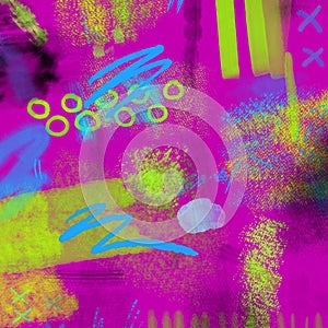 Abstract Neon geometrical 80s and 90s hand draw glamour pattern with neons colors. Neon Watercolor brush paint glam