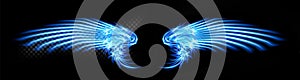 Abstract neon glowing blue angel wings. Isolated, strewn with sparks on dark, black background. Happy Valentines day, attributes.