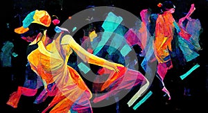 abstract neon hip hop dance contest poster, girl with a hat dancing, ai generated image