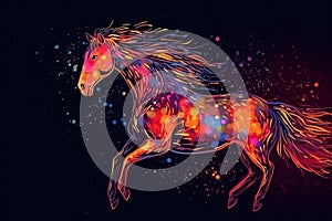 Abstract neon horse on black background, AI Generated