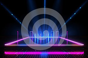 Abstract neon light geometric background. Glowing neon lines. Empty futuristic stage laser. Colorful rectangular laser lines.