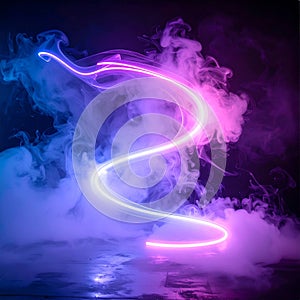 Abstract Neon Light Swirl with Smoke Effect in Blue and Pink Dark Background