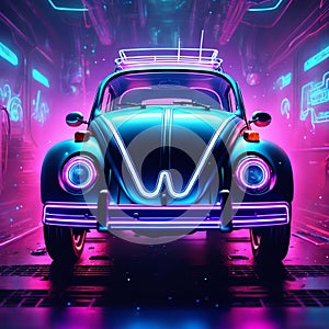 Abstract neon light, Volkswagen Beetle, artwork design, digital art, wallpaper, glowing, space background