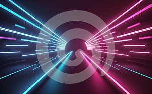 Abstract neon lights tunel background with pink and blue laser rays