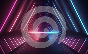 Abstract neon lights tunel background with pink and blue laser rays