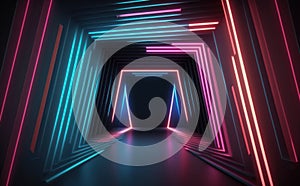 Abstract neon lights tunel background with pink and blue laser rays