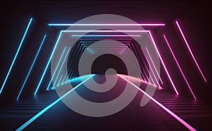 Abstract neon lights tunel background with pink and blue laser rays