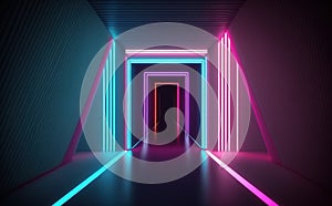 Abstract neon lights tunel background with pink and blue laser rays