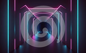 Abstract neon lights tunel background with pink and blue laser rays