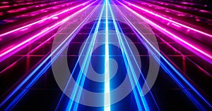 Abstract neon lights tunel background with pink and blue laser rays glowing lines 3d render