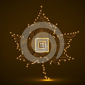 Abstract neon maple leaf with microprocessor inside