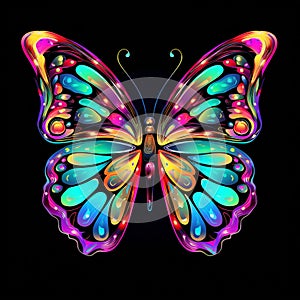 Abstract, neon, multi-colored portrait of a butterfly head on a dark background. Generative AI