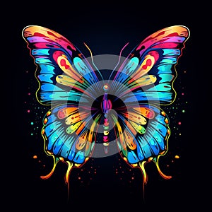 Abstract, neon, multi-colored portrait of a butterfly head on a dark background. Generative AI