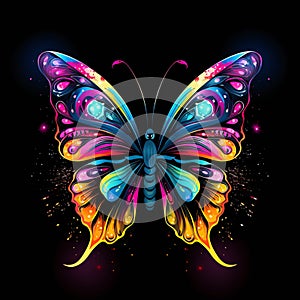 Abstract, neon, multi-colored portrait of a butterfly head on a dark background. Generative AI