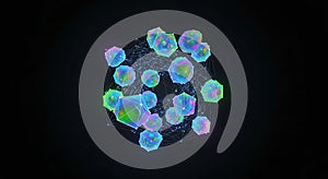 Abstract neon polyhedrons in a glowing grid