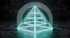 Abstract Neon Pyramid Structure Glowing in Dark Environment