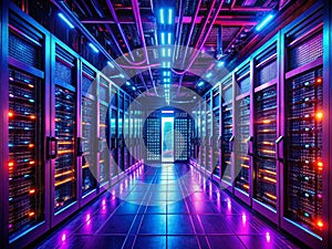 Abstract Neon Server Room A Futuristic Visualization of Cloud Data Storage and Cybersecurity in a Dark Ultraviolet
