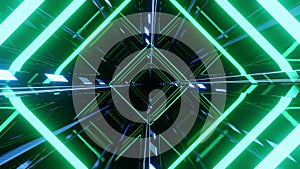 abstract neon tunnel. Hi-tech neon sci-fi tunel. Trendy neon glow lines form pattern and construction in mirror tunnel