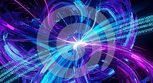 Abstract neon vortex with binary code streams, digital data flow, technology visualization