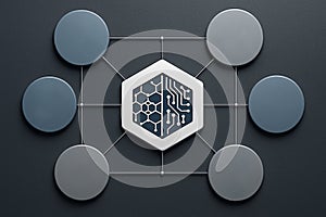 Abstract network with central hexagon and connecting nodes on a dark background