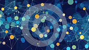 Abstract network of colorful dots and lines on dark blue background