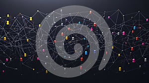 Abstract network of colorful nodes connected by thin lines
