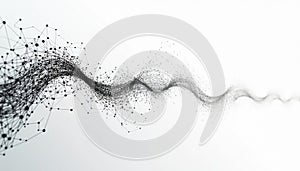 Abstract network of connected dots and lines forming a wave. Digital data flow with complex structure on white background.