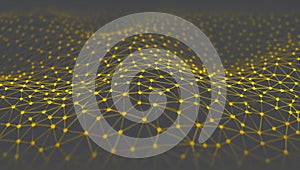 Abstract network of connected dots and lines forming a waving digital plexus surface.