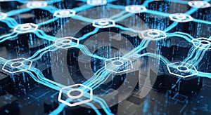 Abstract network of connected hexagonal nodes representing blockchain technology