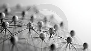 Abstract network of connected spheres in monochrome perspective