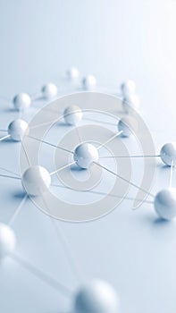 Abstract network of connected white spheres on a light blue background in a geometric pattern