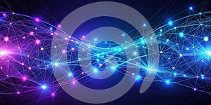 Abstract network connection glowing lines and nodes in a dynamic wave pattern. Generative AI