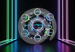 Abstract network connection with glowing neon light pillars data visualization