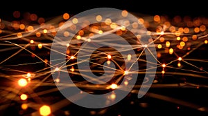 Abstract Network Connection: Golden Light Nodes And Lines On Dark Background