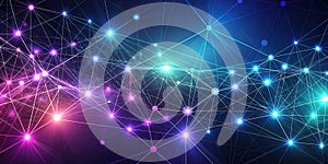 Abstract network connection illuminated nodes and lines forming a complex web of data. Generative AI